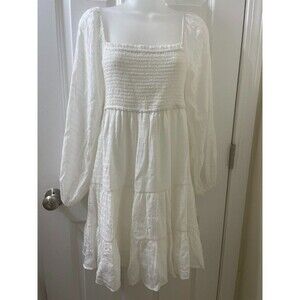 Hem & Thread white Babydoll Square Neck long puff sleeve Mini Dress M Romantic